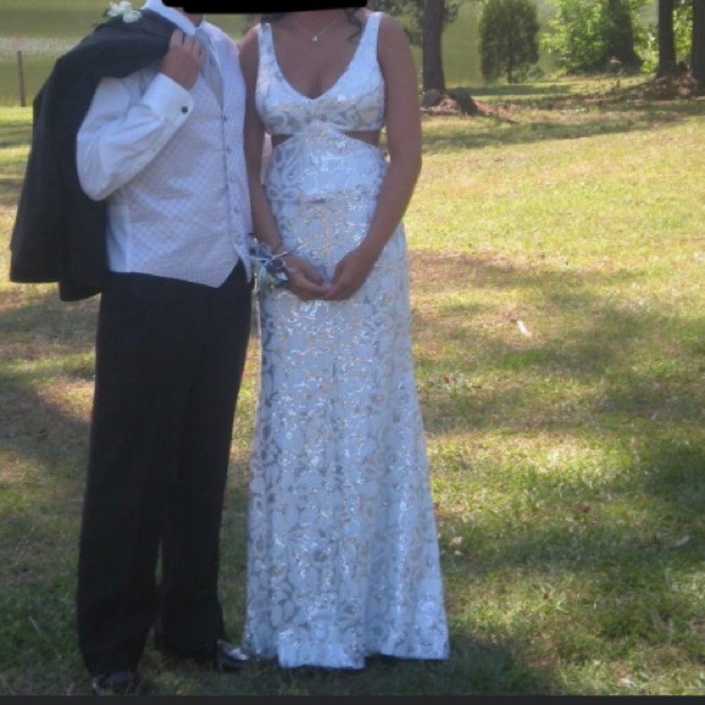White and silver prom dress